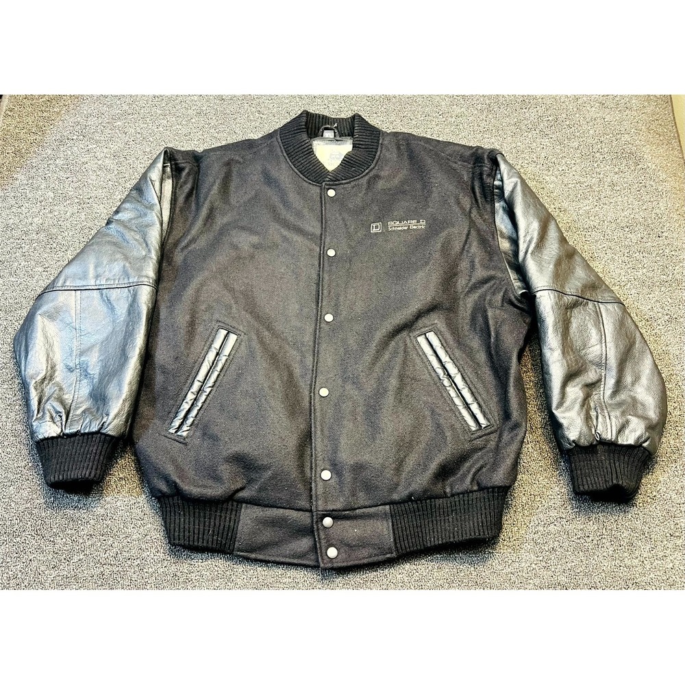 Vintage Square D by Schneider Burk's Bay Bomber Jacket Mens XL Black Snap Up